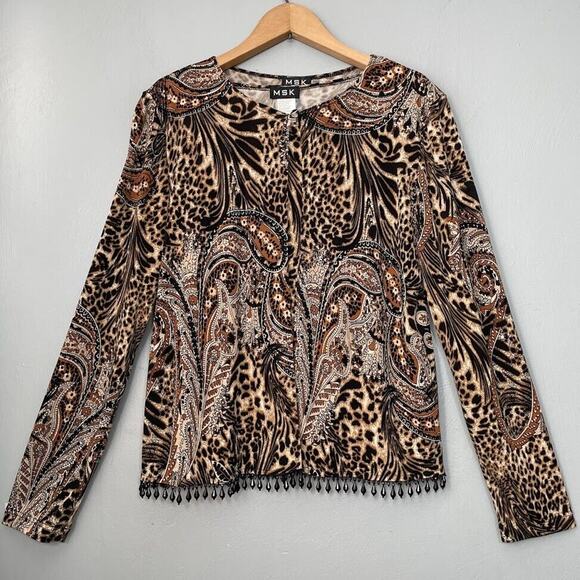 MSK Size Small Slinky Leopard Knit Cardigan Tank Top Set Beaded Mobwife Y2K - Picture 1 of 9